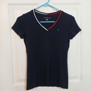 Tommy Hilfiger Navy Blue V Neck Short Sleeve Tshirt Preppy Old Money Size XS